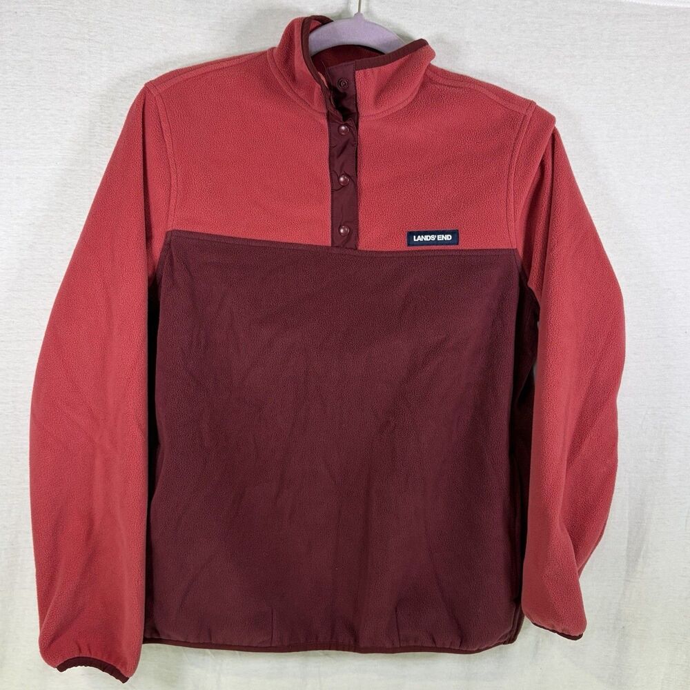 Lands End Mens Fleece Pullover Colorblock Snap Neck Red Small 6-8